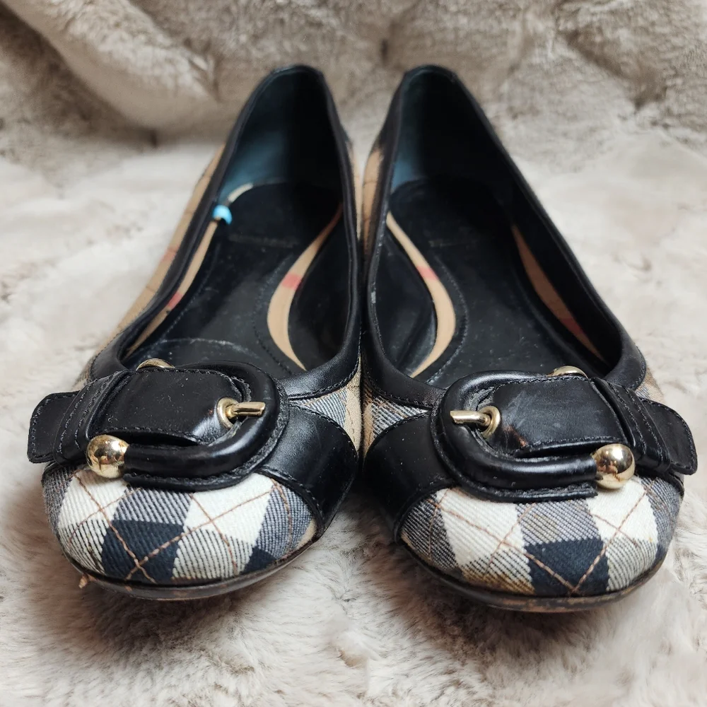 Burberry Beige Quilted Nova Check Canvas Leather Buckle Ballet Flats Shoes EU 39